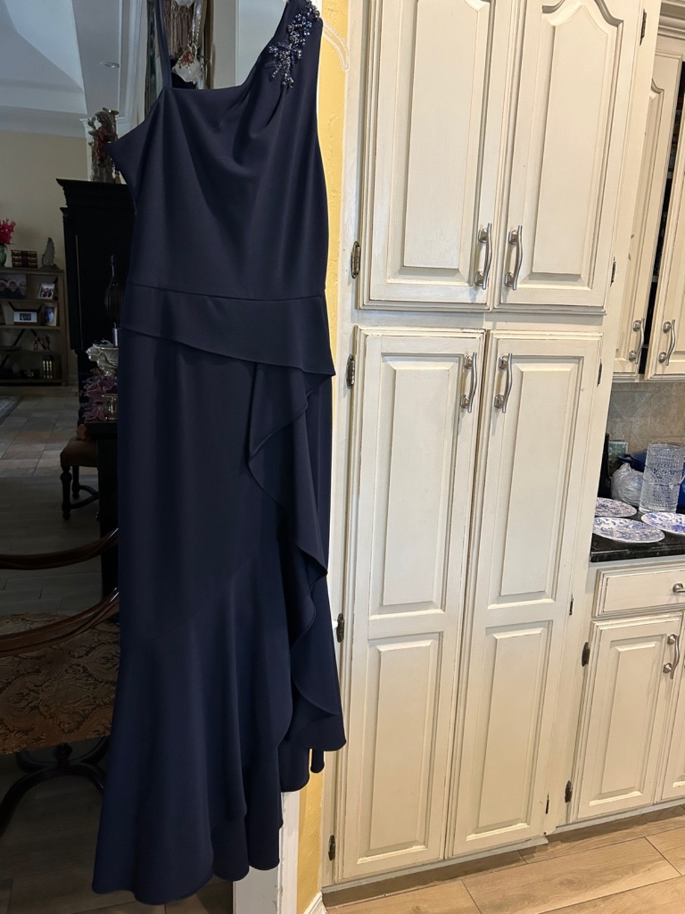 Adrianna Papell Navy One-Shoulder Ruffle Gown size 14
